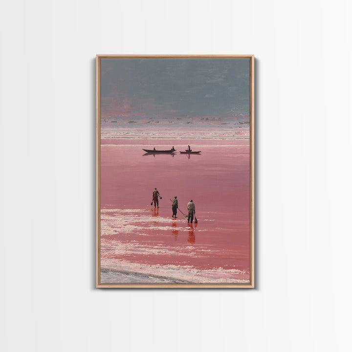 Rose Salt Lake Workers Canvas Print, African Landscape Wall Art, Pink Water Boats, Travel Poster, Serene Home Decor Gift