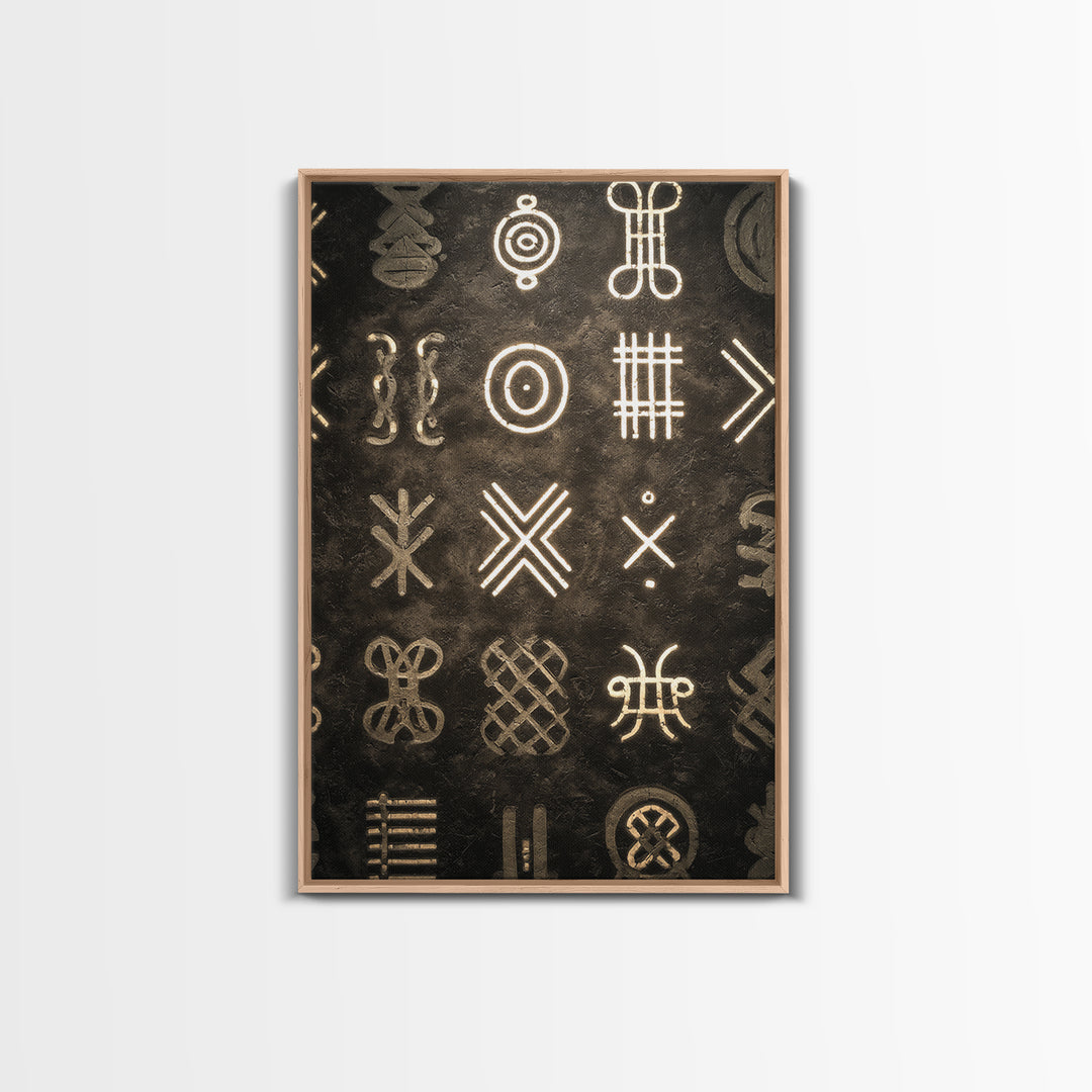 African Tribal Symbols Wall Art, Black And Gold Pattern Canvas Print, Mud Cloth Inspired Decor, Cultural Geometric Poster
