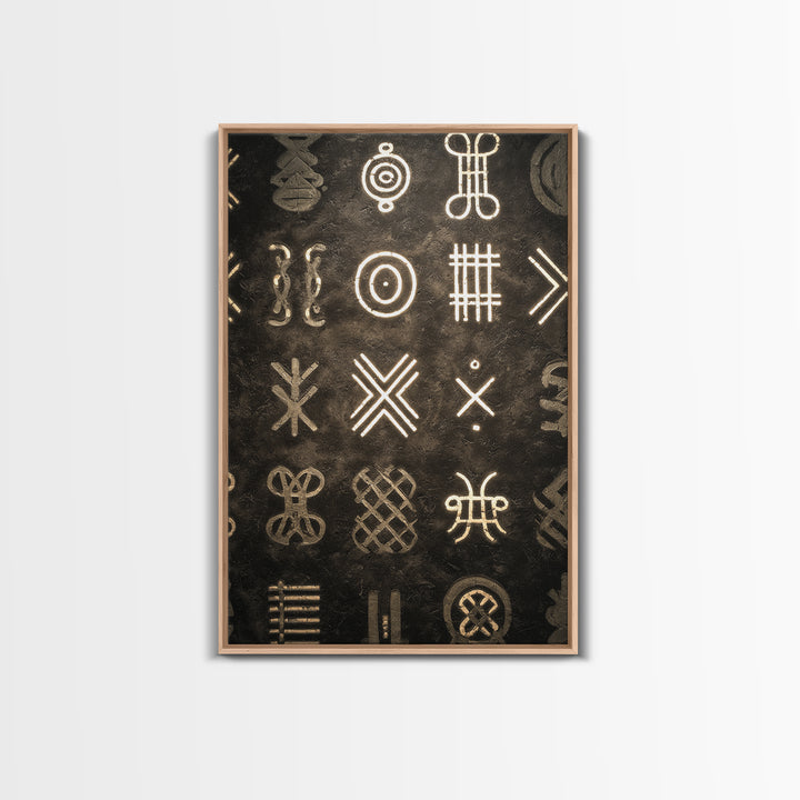 African Tribal Symbols Wall Art, Black And Gold Pattern Canvas Print, Mud Cloth Inspired Decor, Cultural Geometric Poster