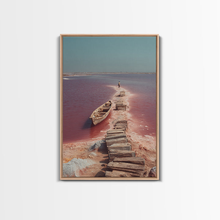 Wooden Path Through Pink Salt Lake Wall Art, African Landscape Canvas Print, Boat Travel Decor, Minimalist Coastal Art Gift
