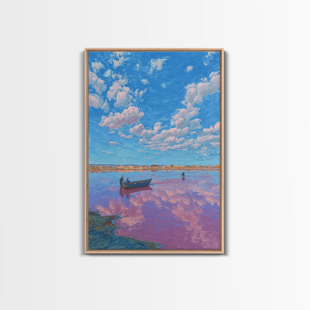 Blue Sky Pink Lake Canvas Print, African Landscape Wall Art, Boat Scene Travel Poster, Dreamy Nature Decor For Living Room