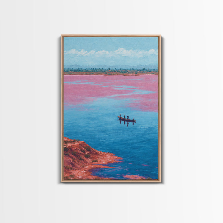 Pink Salt Lake Fishermen Boat Wall Art, African Landscape Canvas Decor, Afrocentric Travel Print, Vibrant Living Room Artwork