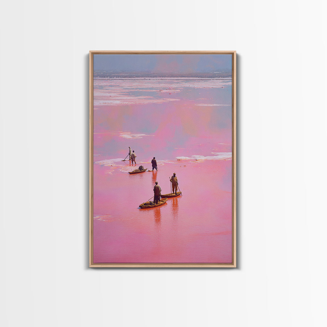 Rose Pink Salt Flats Canoes Canvas Print, African Fishermen Wall Decor, Pastel Safari Art Poster, Unique Home Decor Gift