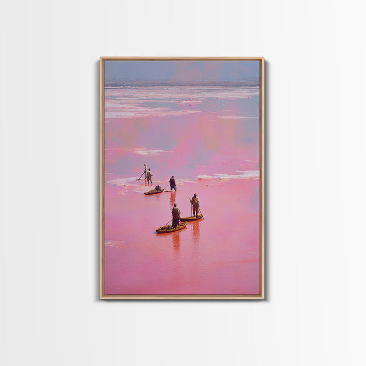 Rose Pink Salt Flats Canoes Canvas Print, African Fishermen Wall Decor, Pastel Safari Art Poster, Unique Home Decor Gift