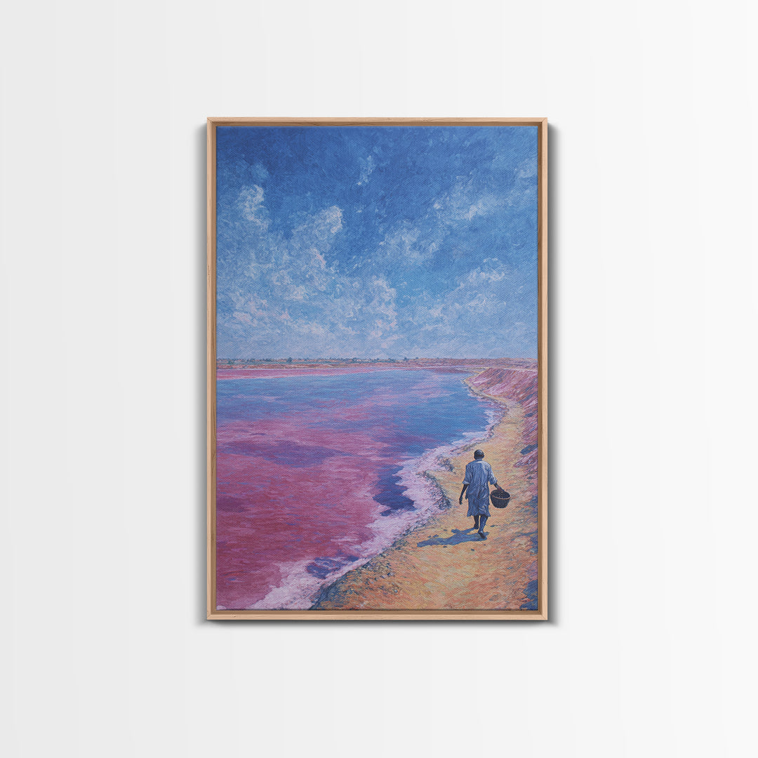 Lone Walker On Pink Shore Framed Canvas Print, African Landscape Wall Decor, Dreamy Lake Painting, Unique Travel Art Gift