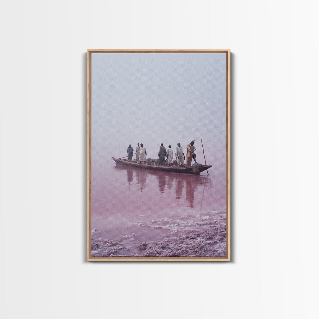 Misty Pink Lake Boat Canvas Print, African Fishermen Wall Art Decor, Minimalist Pastel Landscape, Serene Living Room Art
