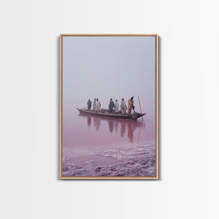 Misty Pink Lake Boat Canvas Print, African Fishermen Wall Art Decor, Minimalist Pastel Landscape, Serene Living Room Art