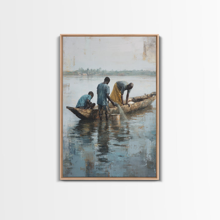 Fishermen Washing Nets By Canoe Wall Art, African Painting Canvas Decor, Cultural River Scene, Rustic Living Room Home Decor Gift