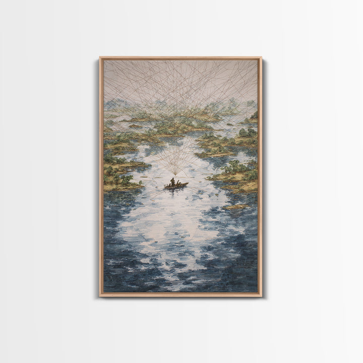 River Delta Boat And Map Lines Framed Canvas Print, African Landscape Wall Decor, Geometric Travel Art, Statement Home Decor
