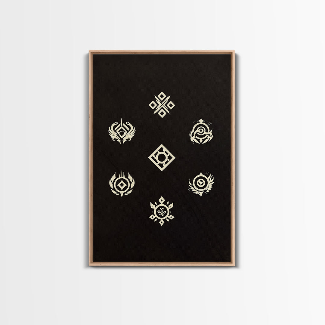 Cream Tribal Symbols On Black Canvas Print, African Abstract Wall Art Decor, Geometric Pattern Poster, Spiritual Home Decor