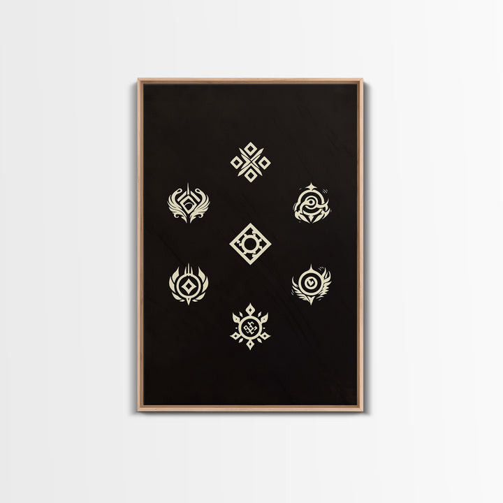 Cream Tribal Symbols On Black Canvas Print, African Abstract Wall Art Decor, Geometric Pattern Poster, Spiritual Home Decor