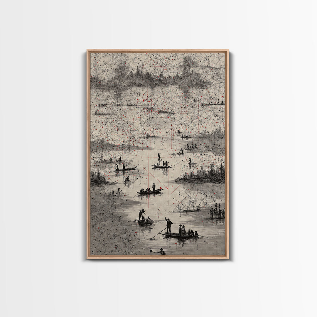 Monochrome River Boats With Red Lines Wall Art, African Landscape Print, Abstract Map Network, Cultural Gallery Home Decor