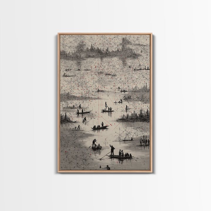 Monochrome River Boats With Red Lines Wall Art, African Landscape Print, Abstract Map Network, Cultural Gallery Home Decor