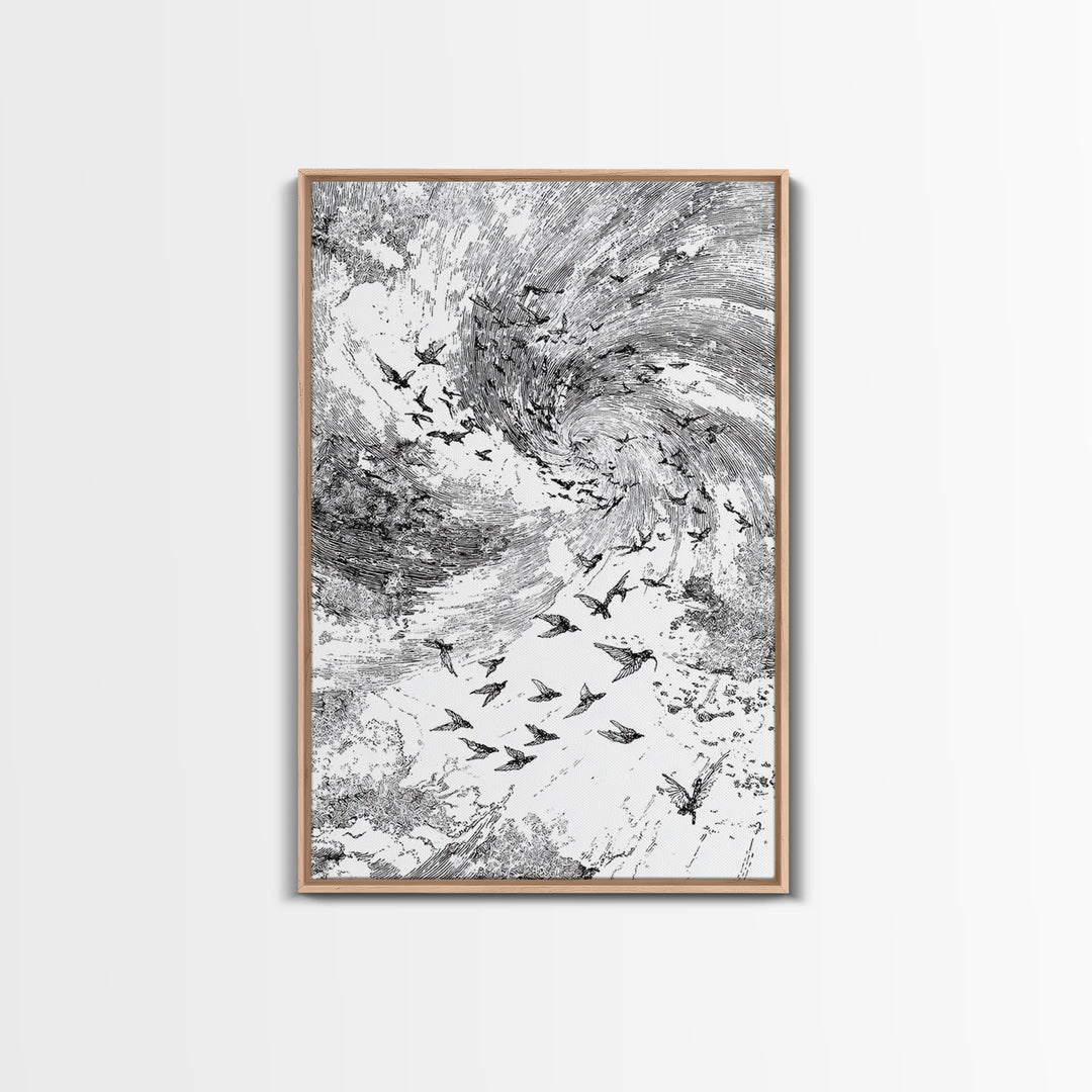 Black And White Bird Flock Storm Wall Art, Abstract African Inspired Nature Sketch, Minimalist Canvas Decor, Modern Office Gift