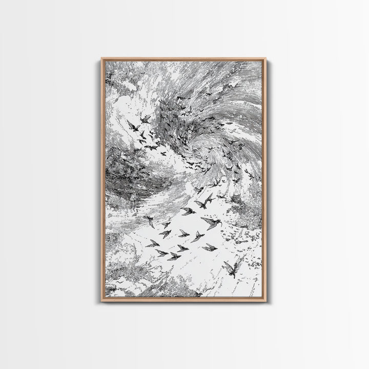 Black And White Bird Flock Storm Wall Art, Abstract African Inspired Nature Sketch, Minimalist Canvas Decor, Modern Office Gift