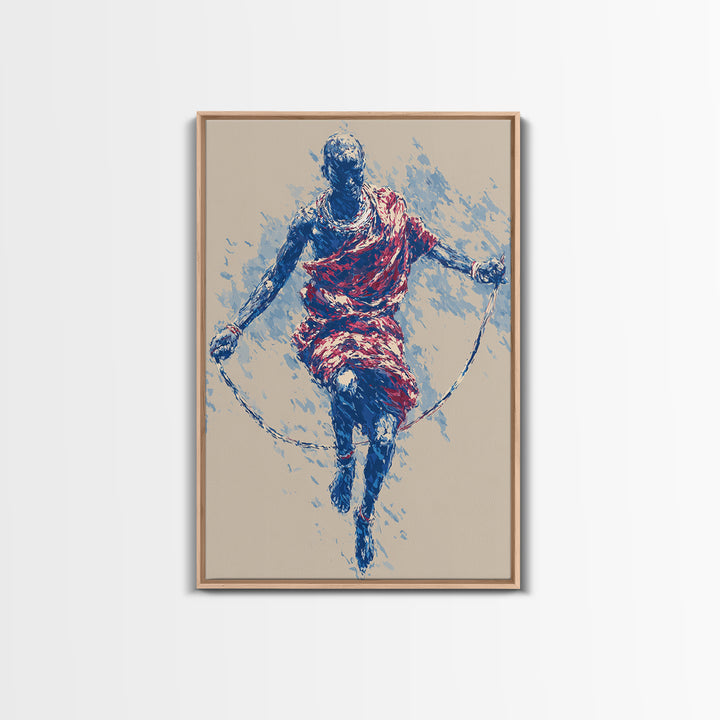 Maasai Warrior Jump Rope Dance Wall Art, African Tribal Art Print, Red Blue Athletic Portrait, Cultural Home Decor Gift For Him