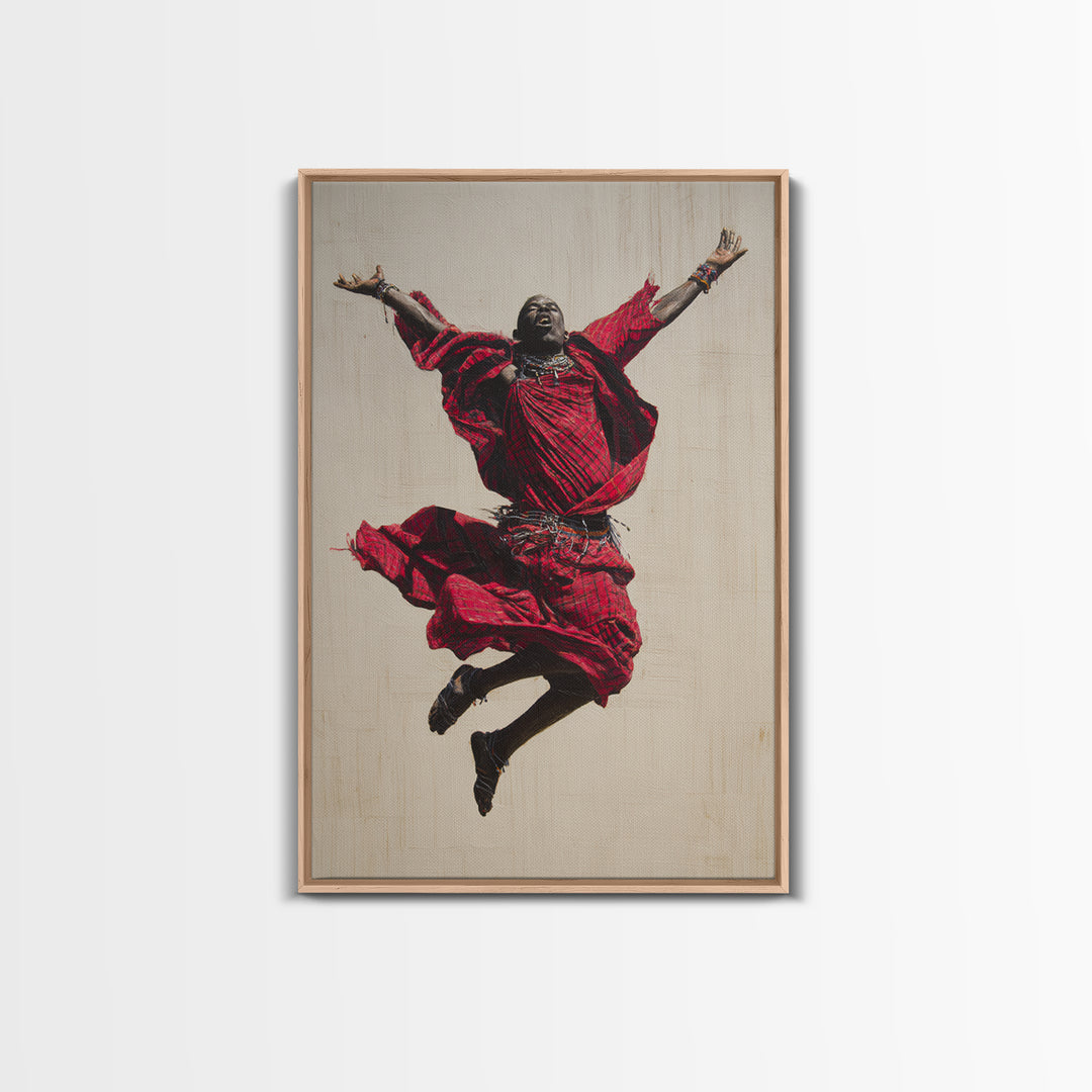 Joyful Maasai Dancer Leaping In Red Framed Canvas Print, African Warrior Art, Cultural Portrait, Bold Living Room Decor Gift