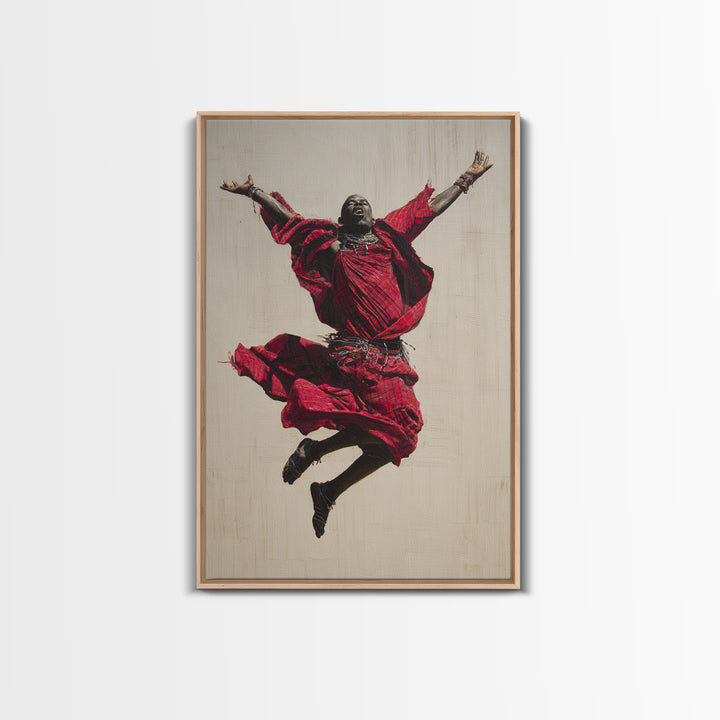 Joyful Maasai Dancer Leaping In Red Framed Canvas Print, African Warrior Art, Cultural Portrait, Bold Living Room Decor Gift