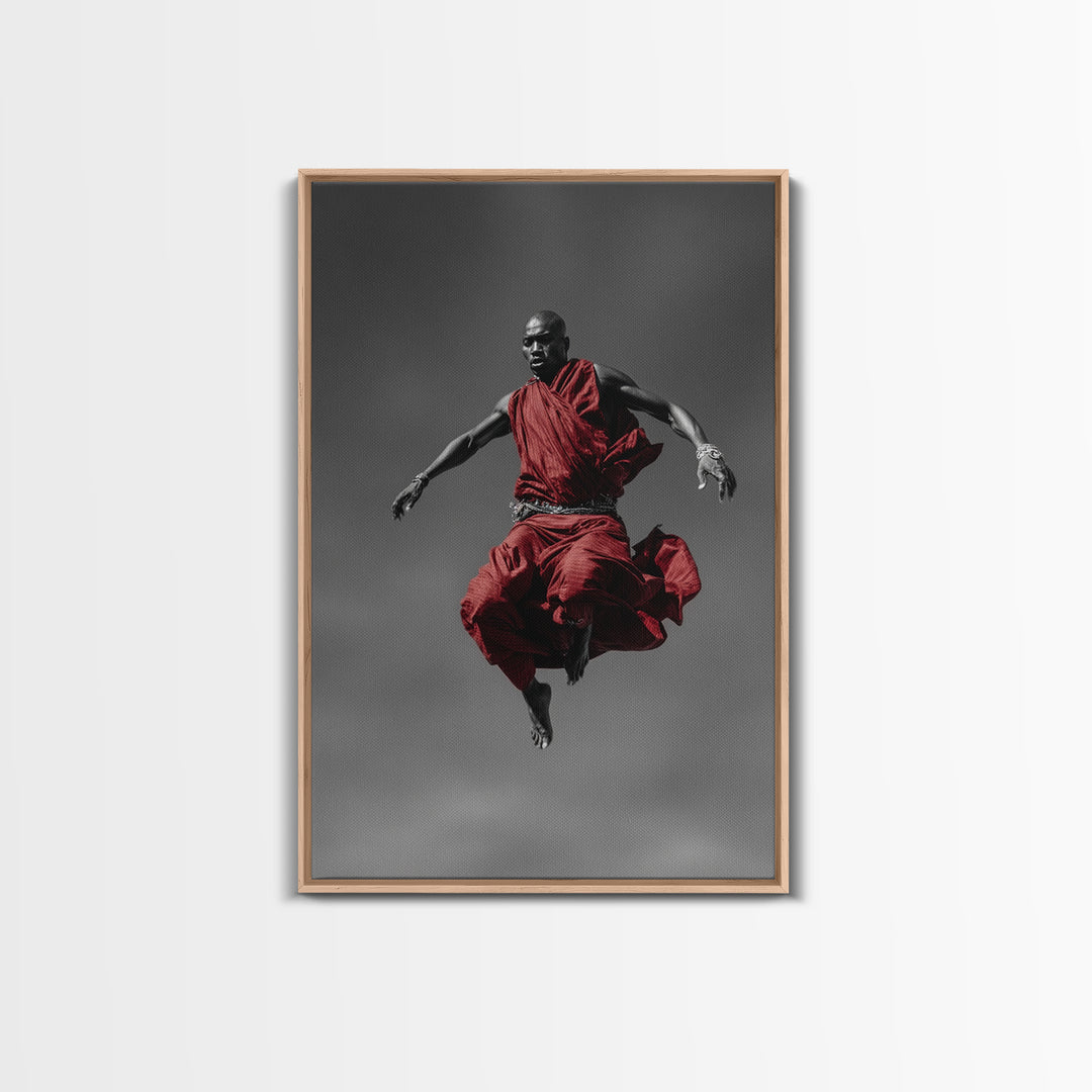 Floating Maasai Warrior In Red Robes Canvas Print, African Portrait Photography, Black Art Decor, Modern Cultural Wall Art