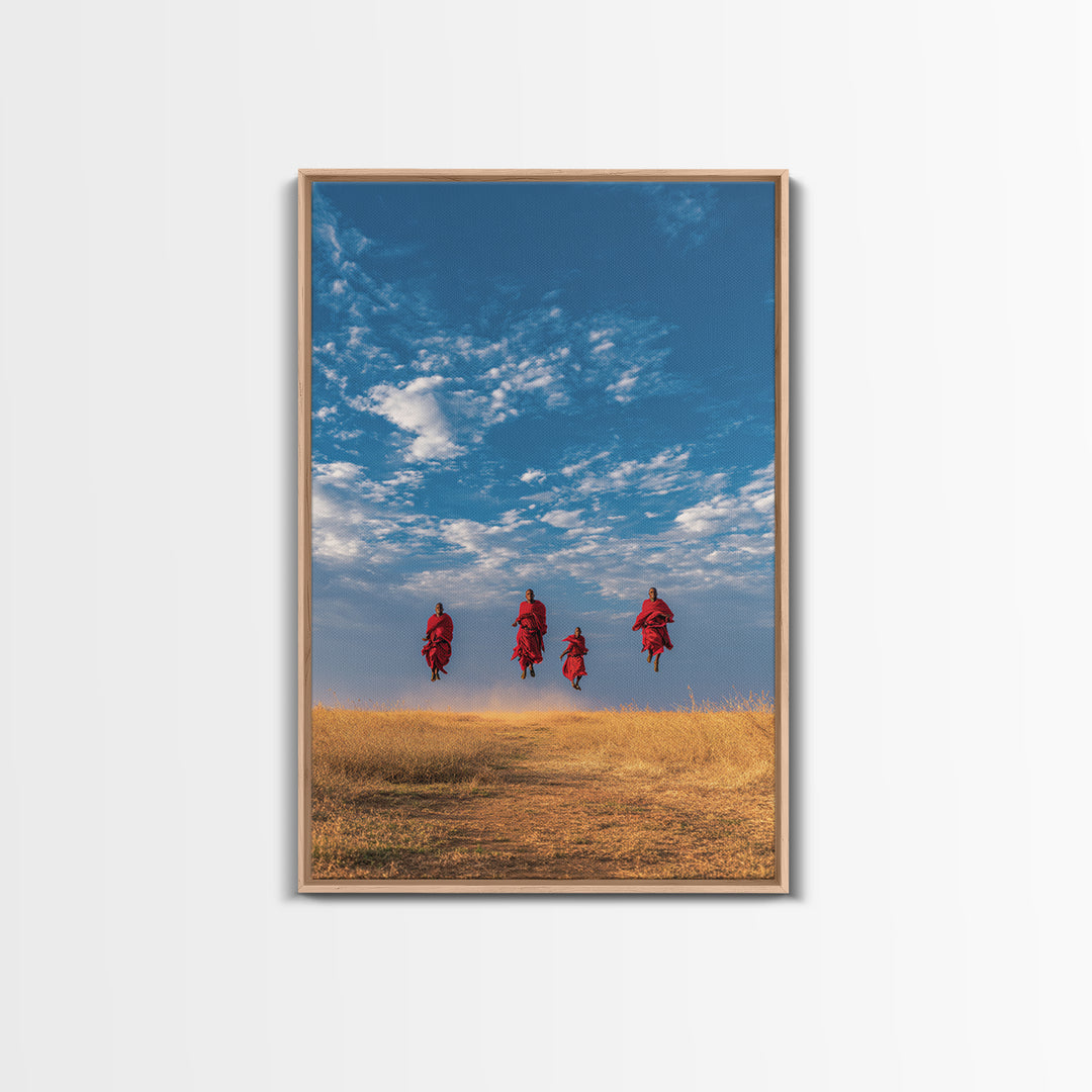 Four Maasai Warriors Jumping Over Savanna Wall Art, African Safari Art Print, Blue Sky Landscape, Cultural Home Decor Gift