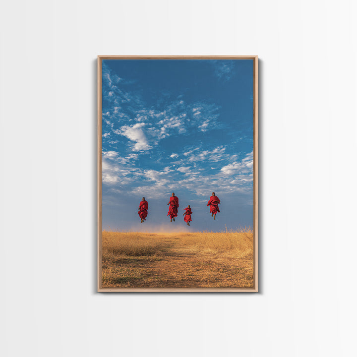 Four Maasai Warriors Jumping Over Savanna Wall Art, African Safari Art Print, Blue Sky Landscape, Cultural Home Decor Gift