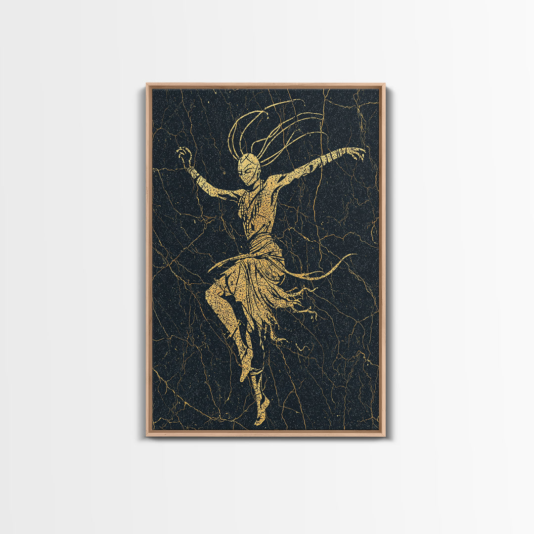Gold Tribal Dancer On Black Cracked Texture Canvas Print, African Mask Art, Elegant Abstract Wall Decor, Spiritual Home Gift