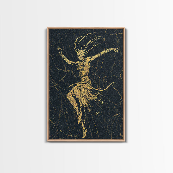 Gold Tribal Dancer On Black Cracked Texture Canvas Print, African Mask Art, Elegant Abstract Wall Decor, Spiritual Home Gift
