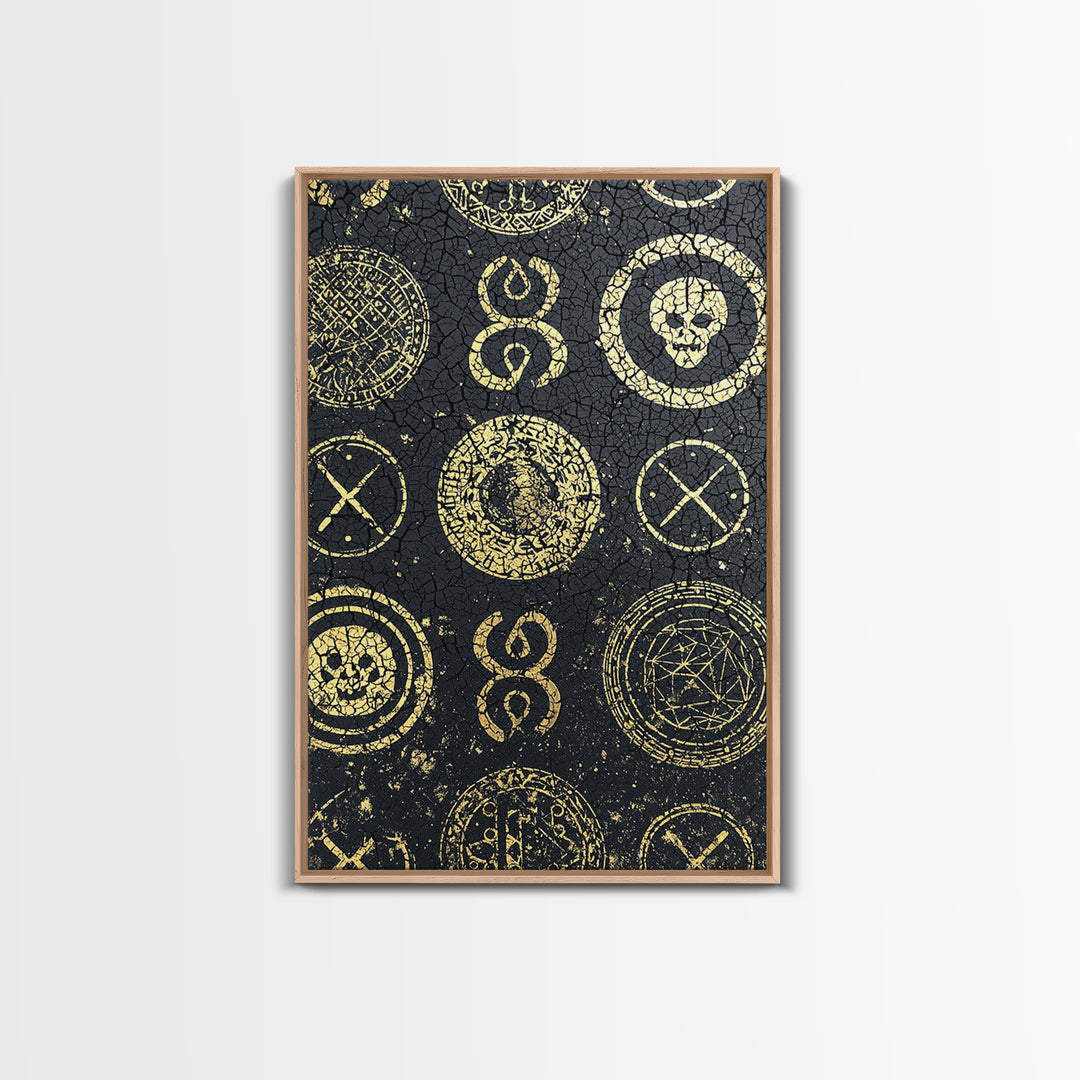 Gold Tribal Symbols And Skulls On Black Texture Canvas Print, African Abstract Wall Art, Mystical Pattern Home Decor Gift