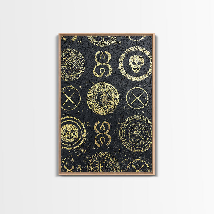 Gold Tribal Symbols And Skulls On Black Texture Canvas Print, African Abstract Wall Art, Mystical Pattern Home Decor Gift