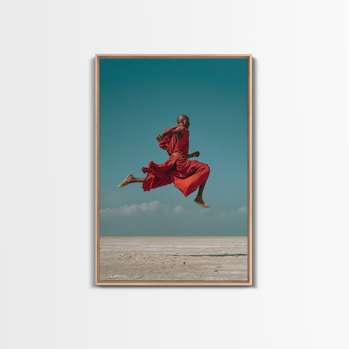 Leaping Maasai Warrior Canvas Print, African Wall Art, Red Robe Desert Photography, Tribal Decor For Living Room Wall Decor