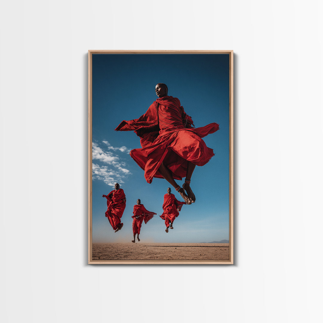 Maasai Warriors Jumping Framed Canvas Print, African Wall Art, Red Robe Tribal Decor, Safari Photography For Home Wall Decor