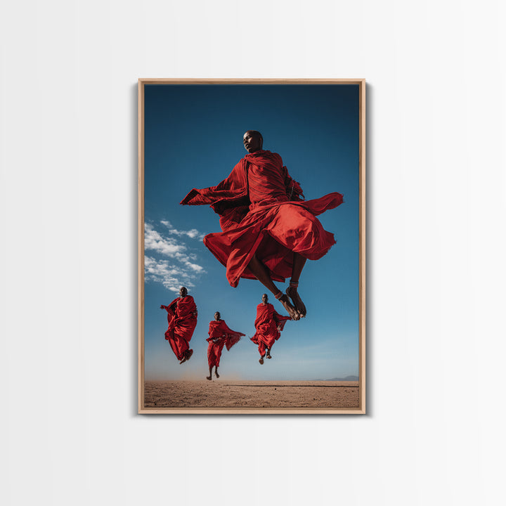 Maasai Warriors Jumping Framed Canvas Print, African Wall Art, Red Robe Tribal Decor, Safari Photography For Home Wall Decor