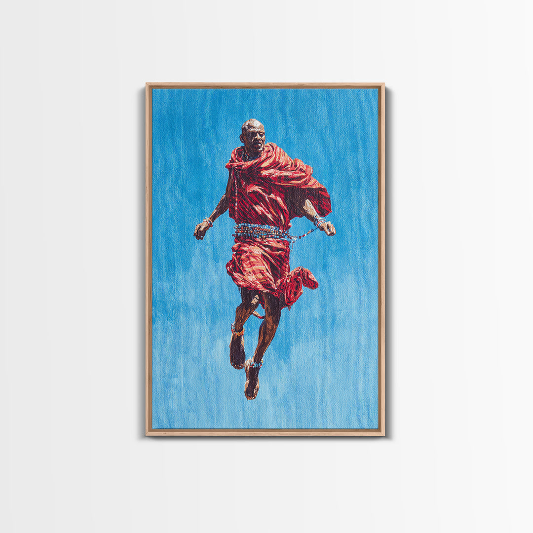 Painted Maasai Warrior Jump Wall Art, African Acrylic Art, Red Robe Tribal Portrait, Afrocentric Canvas Print Decor Gift