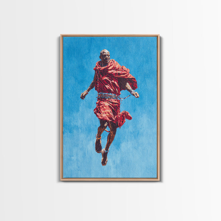 Painted Maasai Warrior Jump Wall Art, African Acrylic Art, Red Robe Tribal Portrait, Afrocentric Canvas Print Decor Gift
