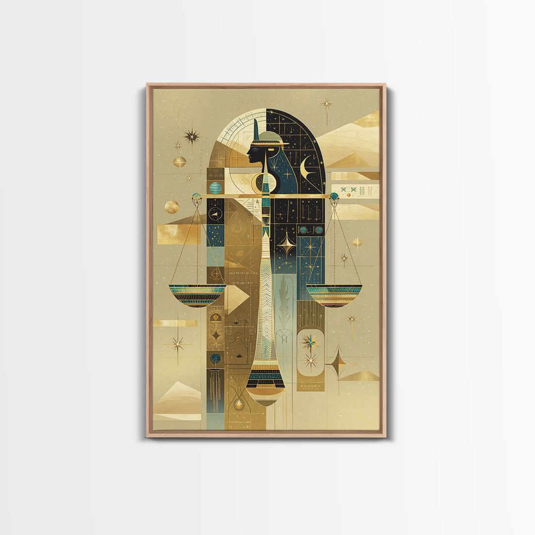 Anubis And Scales Framed Canvas Print, African Egyptian Art, Gold Black Wall Art, Mystical Spiritual Home Decor Gift For Her