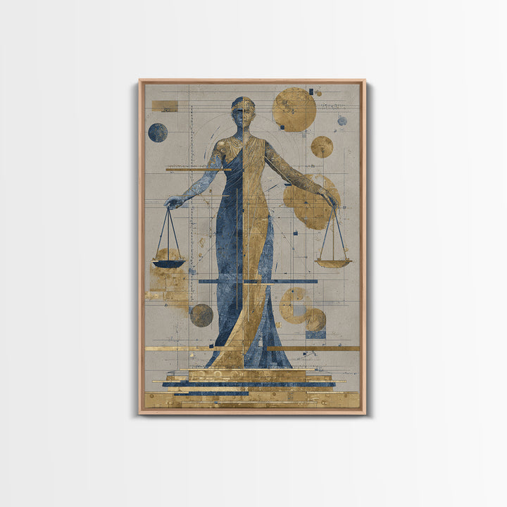 Blue Gold Lady Justice Goddess Canvas Print, Abstract African Wall Art, Modern Portrait Decor, Elegant Office Statement Piece