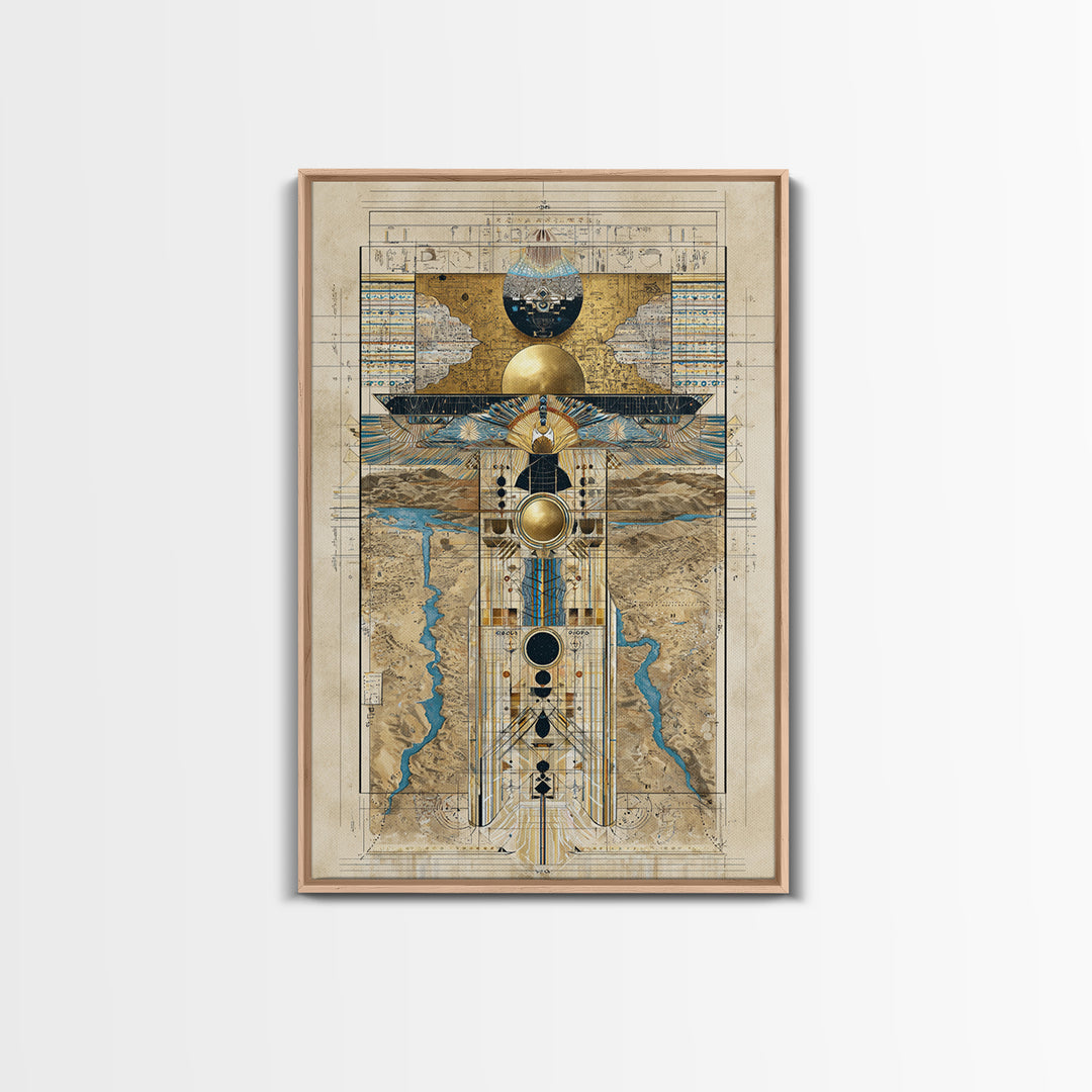 Egyptian Sacred Geometry Totem Canvas Print, African Egyptian Wall Art, Gold Blue Map Decor, Mystical Ancestral Poster Print