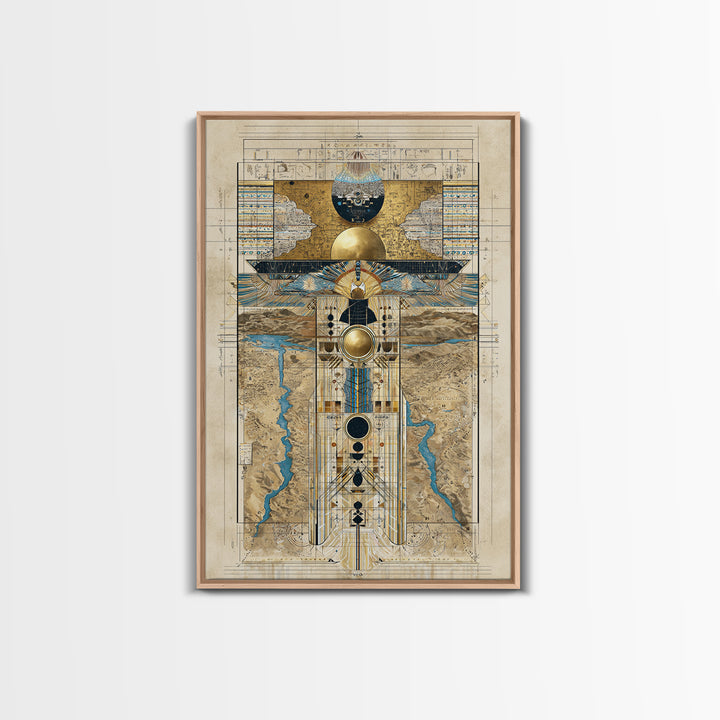 Egyptian Sacred Geometry Totem Canvas Print, African Egyptian Wall Art, Gold Blue Map Decor, Mystical Ancestral Poster Print