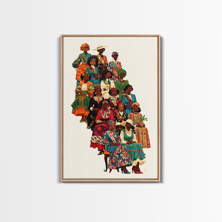 Elegant African Women Fashion Ensemble Framed Canvas Print, Ankara Wall Art, Black Queens Decor, Afrocentric Statement Gift