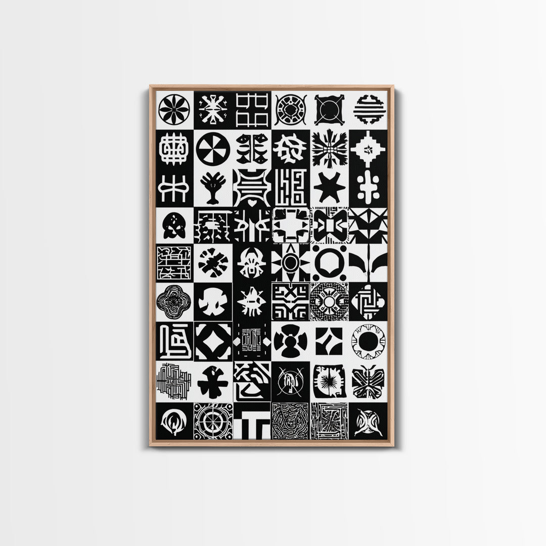 Black White African Symbols Wall Art, Adinkra Pattern Canvas Print, Tribal Art Decor, African Fabric Inspired Home Decor
