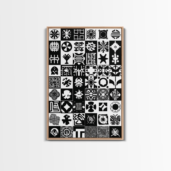 Black White African Symbols Wall Art, Adinkra Pattern Canvas Print, Tribal Art Decor, African Fabric Inspired Home Decor