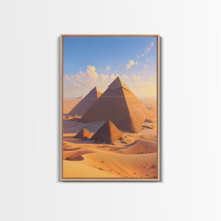 Golden Giza Pyramids In Desert Dunes Framed Canvas Print, African Egyptian Art, Ancient African Wall Decor Gift, Travel Poster