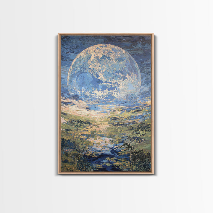 Dreamy Blue Moon Over Ocean Canvas Print, Abstract Landscape Wall Art, Modern Art Poster, Nature Scene Art, Large Decor Gift