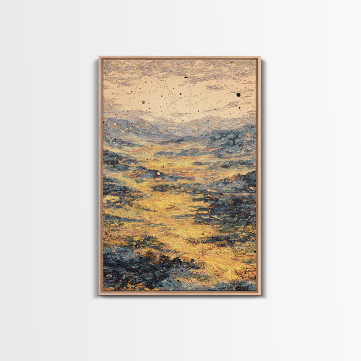 Golden Celestial Valley Framed Canvas Print, Dreamy Wall Art, Abstract Landscape, Spiritual Wall Decor, Modern Art Poster Gift