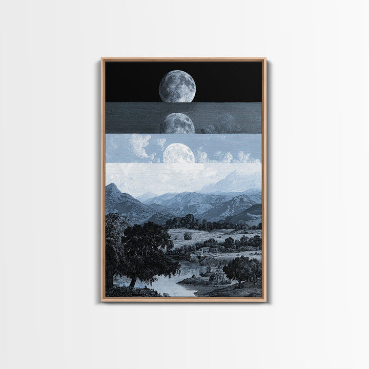 Black And White Moonrise Mountain Wall Art, Large Landscape Canvas Print, Minimalist Art, Modern Wall Decor, Blue Nature Scene Art Gift