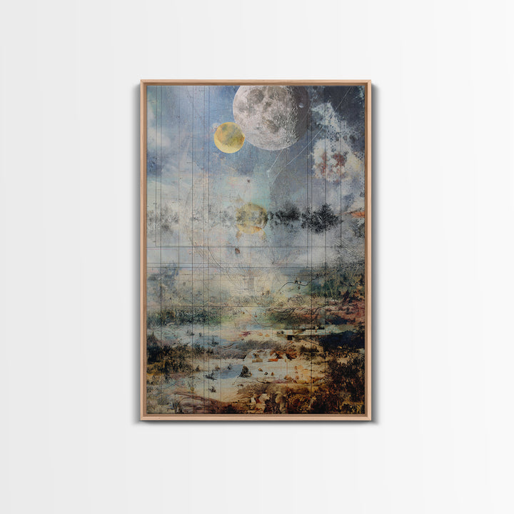 Surreal Lunar Seascape With Pale Moons And Fine Line Geometry Wall Art, Dreamy Abstract Landscape, Modern Blue Home Decor