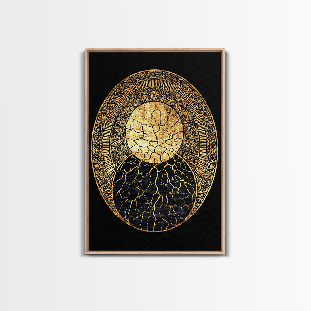 Gold Kintsugi Sun Moon Oval On Black Canvas Print, Spiritual Geometric Art, Luxury Abstract Decor, Mystical Celestial Gift