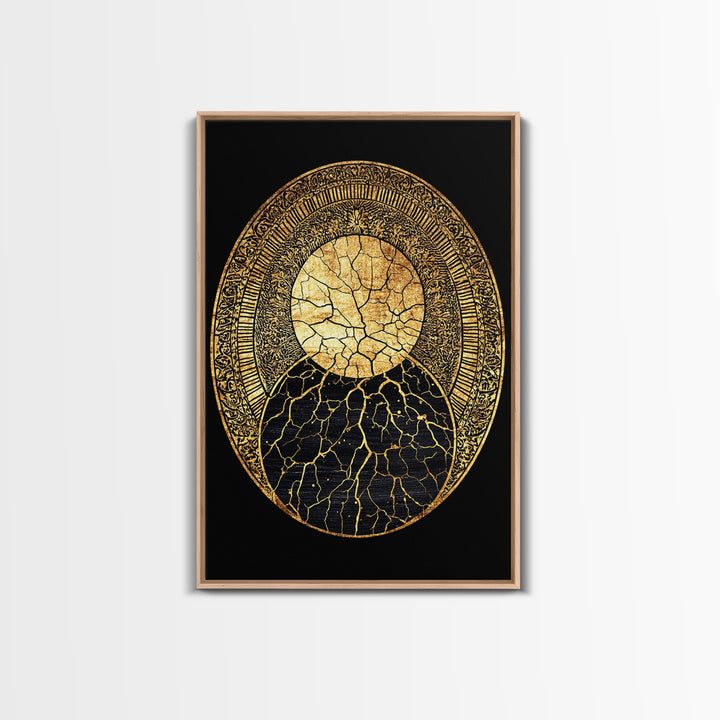 Gold Kintsugi Sun Moon Oval On Black Canvas Print, Spiritual Geometric Art, Luxury Abstract Decor, Mystical Celestial Gift