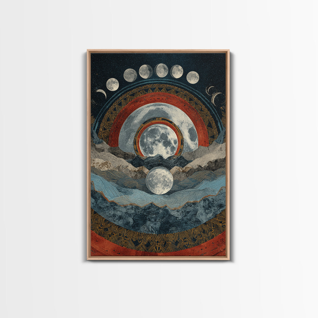 Moon Phase Mountain Mandala With Red Arcs Canvas Print, Spiritual Landscape Wall Decor, Mystical Meditation Home Art Gift