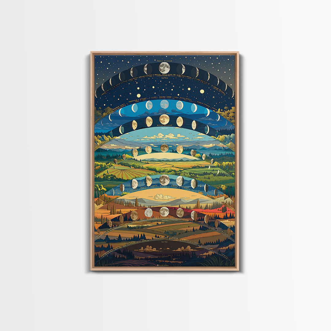 Layered Moon Phase Landscape With Rolling Fields Canvas Print, Dreamy Nature Wall Decor, Modern Boho Art For Living Room